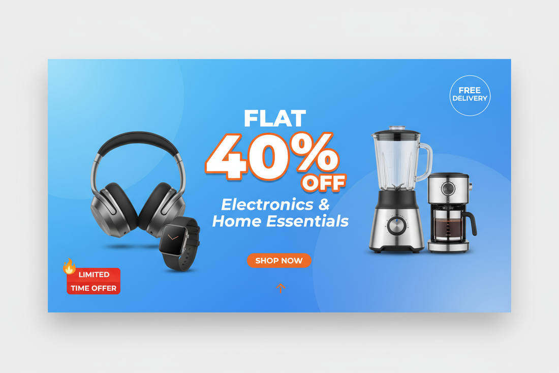 write template of electronic and household products and mention flat 40% discount offer with free delivery and also mention limited time offer