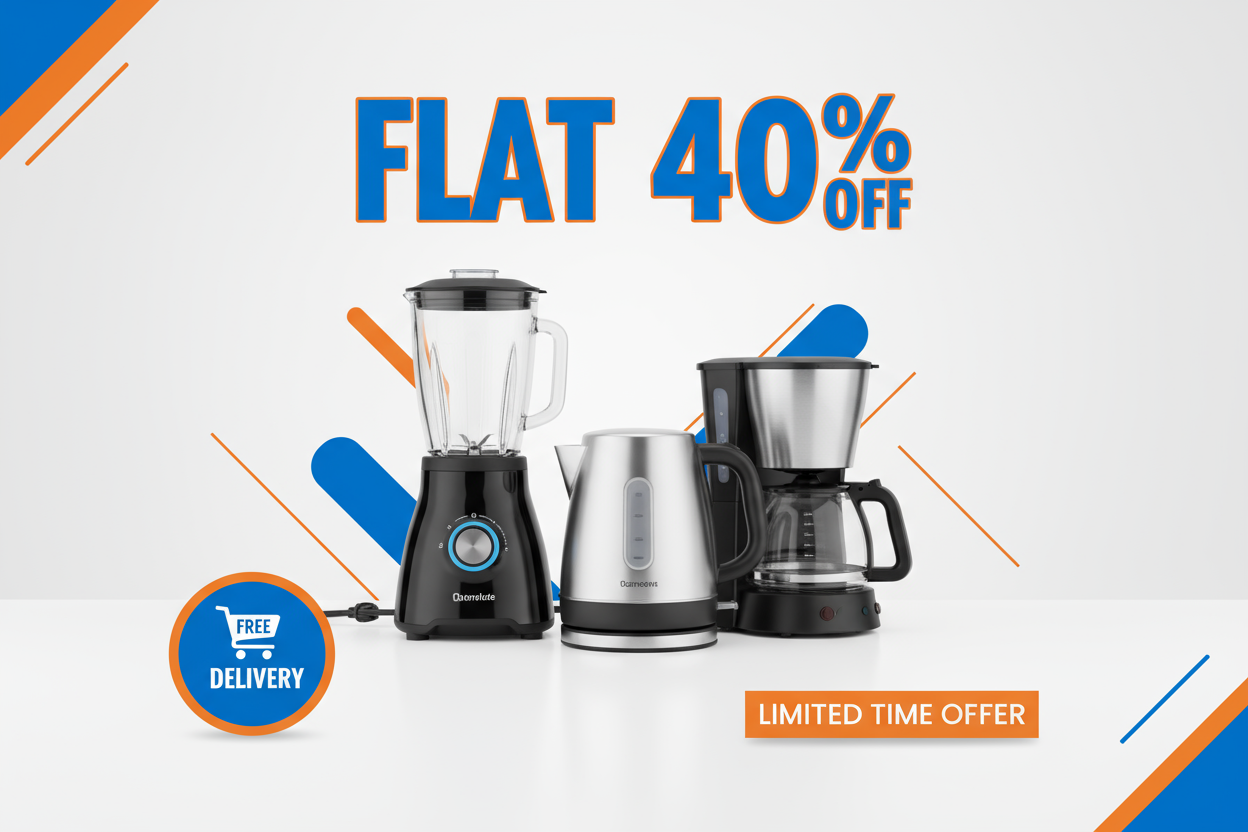 write template of household electrical products and mention flat 40% discount offer with free delivery and also mention limited time offer